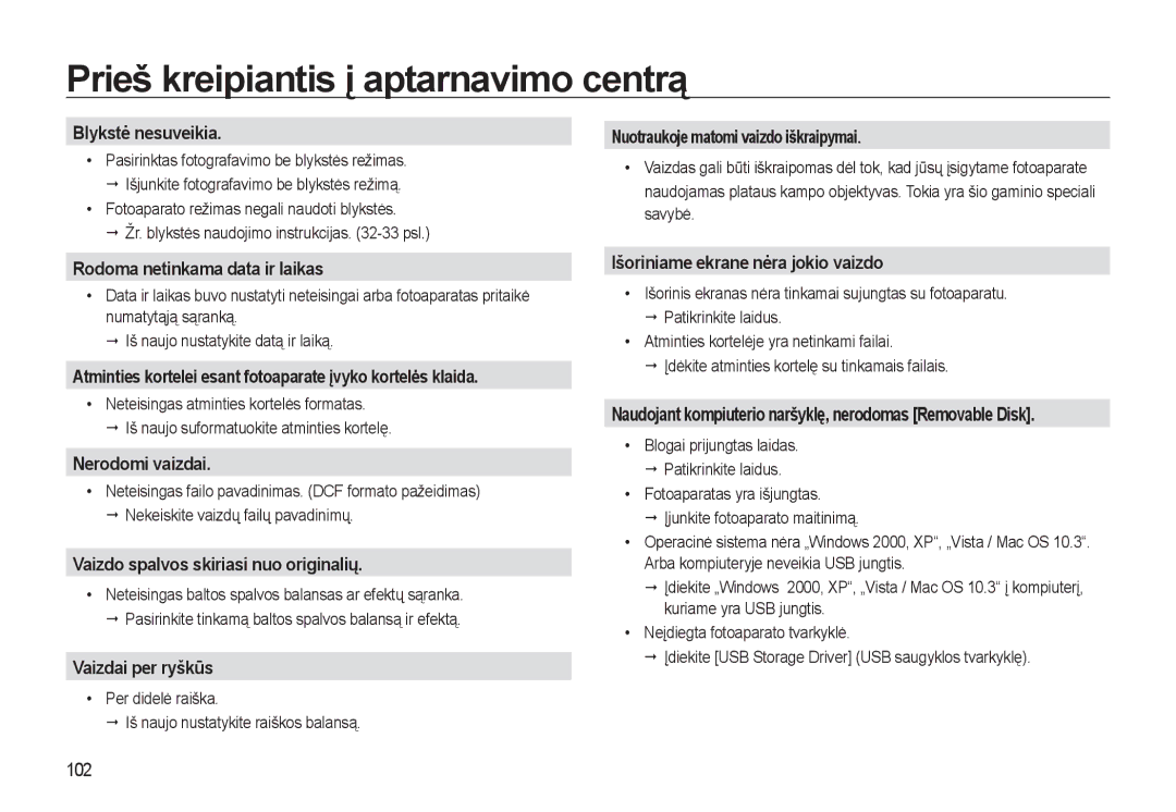 Samsung EC-L310WSBA/RU manual Blykstė nesuveikia, Rodoma netinkama data ir laikas, Nerodomi vaizdai, Vaizdai per ryškūs 