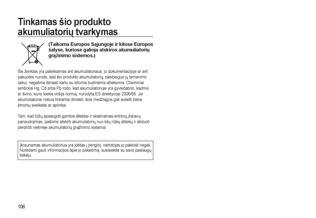 Samsung EC-L310WSBA/RU manual Tinkamas šio produkto akumuliatorių tvarkymas, 106 