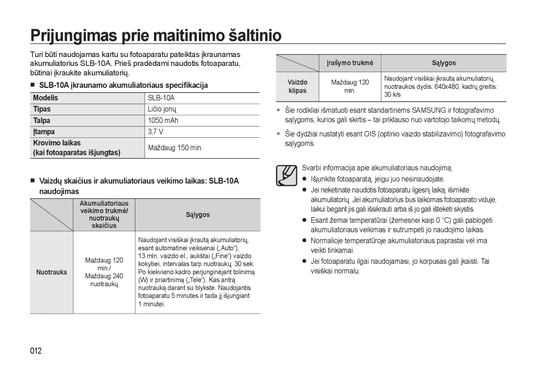 Samsung EC-L310WSBA/RU manual Prijungimas prie maitinimo šaltinio, 012, Modelis, Sąlygos, Nuotrauka 