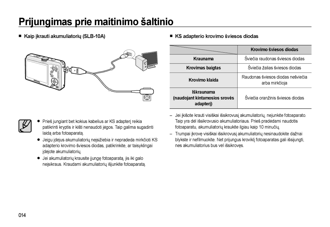 Samsung EC-L310WSBA/RU manual Kaip įkrauti akumuliatorių SLB-10A, KS adapterio krovimo šviesos diodas, 014 