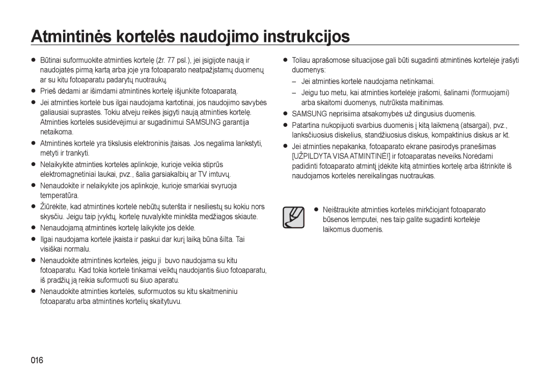 Samsung EC-L310WSBA/RU manual Atmintinės kortelės naudojimo instrukcijos, 016 