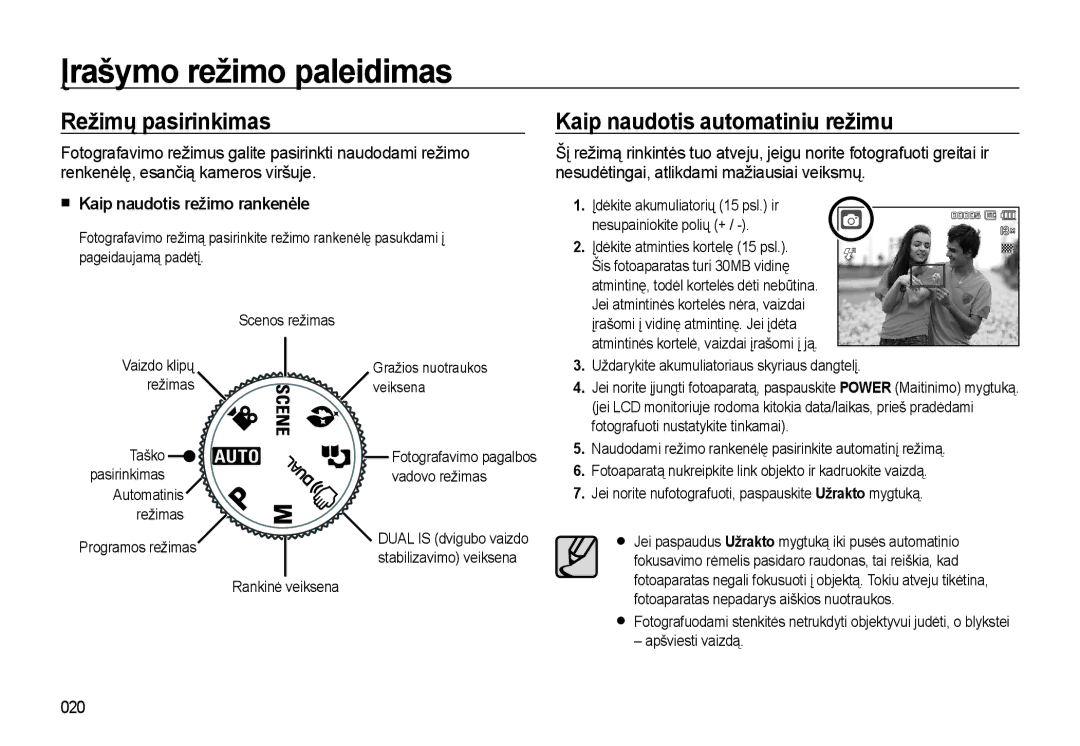 Samsung EC-L310WSBA/RU manual Įrašymo režimo paleidimas, Režimų pasirinkimas, Kaip naudotis automatiniu režimu, 020 