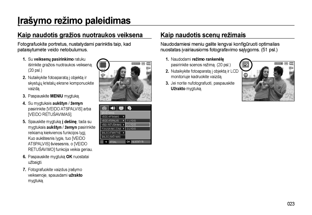 Samsung EC-L310WSBA/RU manual Kaip naudotis gražios nuotraukos veiksena, Kaip naudotis scenų režimais, 023 