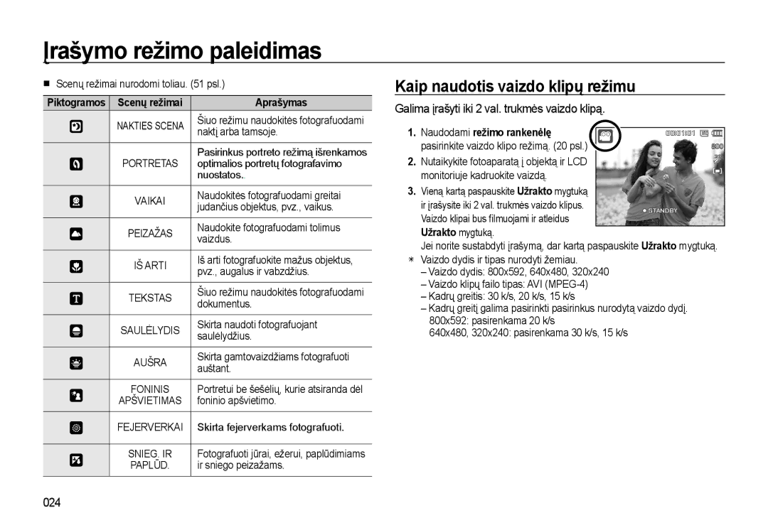 Samsung EC-L310WSBA/RU manual Kaip naudotis vaizdo klipų režimu, Galima įrašyti iki 2 val. trukmės vaizdo klipą, 024 