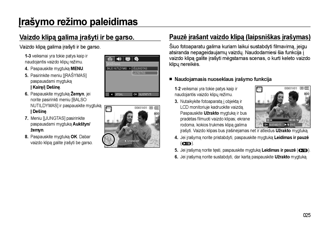 Samsung EC-L310WSBA/RU manual Vaizdo klipą galima įrašyti ir be garso, Naudojamasis nuoseklaus įrašymo funkcija, 025 