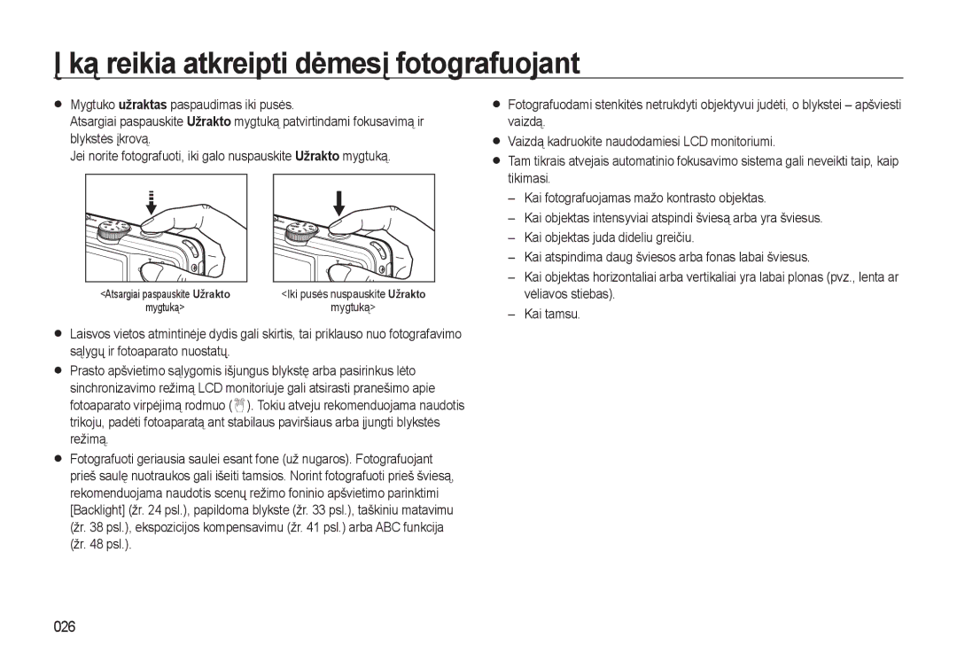 Samsung EC-L310WSBA/RU manual Ką reikia atkreipti dėmesį fotografuojant, 026 