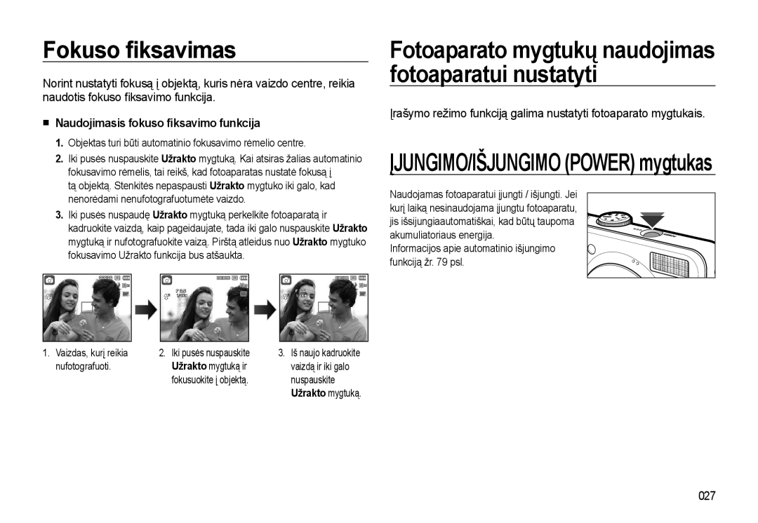 Samsung EC-L310WSBA/RU manual Fokuso ﬁksavimas, Naudojimasis fokuso ﬁksavimo funkcija, 027, Nufotografuoti 