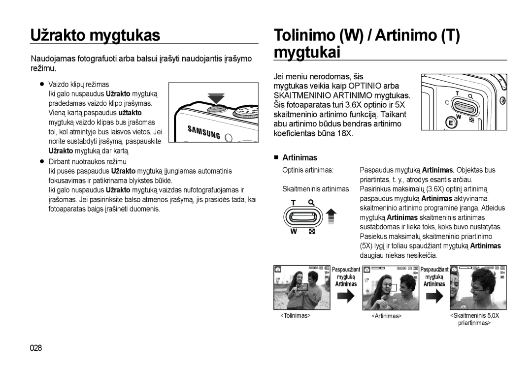 Samsung EC-L310WSBA/RU manual Užrakto mygtukas, Tolinimo W / Artinimo T mygtukai, Artinimas, 028 