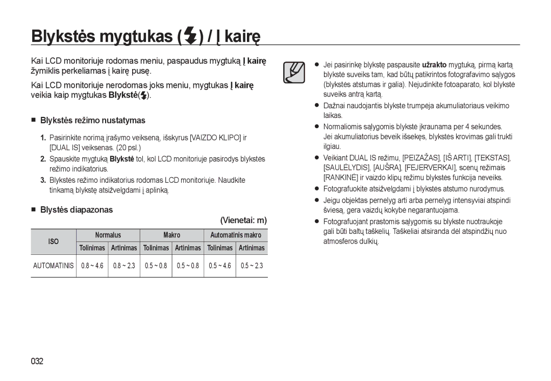 Samsung EC-L310WSBA/RU manual Blykstės mygtukas / Į kairę, Blykstės režimo nustatymas, Blystės diapazonas, 032 