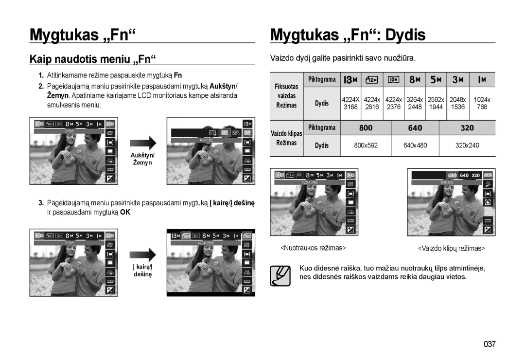 Samsung EC-L310WSBA/RU manual Mygtukas „Fn Mygtukas „Fn Dydis, Kaip naudotis meniu „Fn, 037 