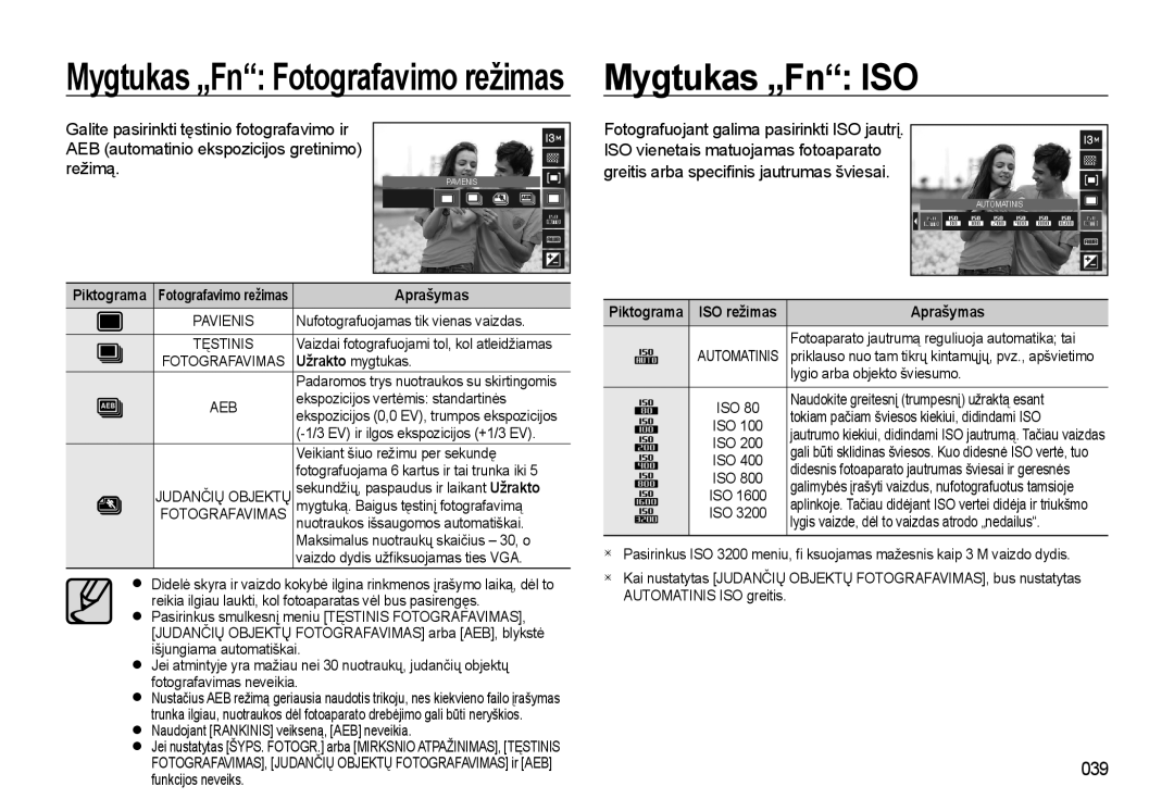 Samsung EC-L310WSBA/RU manual Mygtukas „Fn Fotografavimo režimas Mygtukas „Fn ISO, 039 