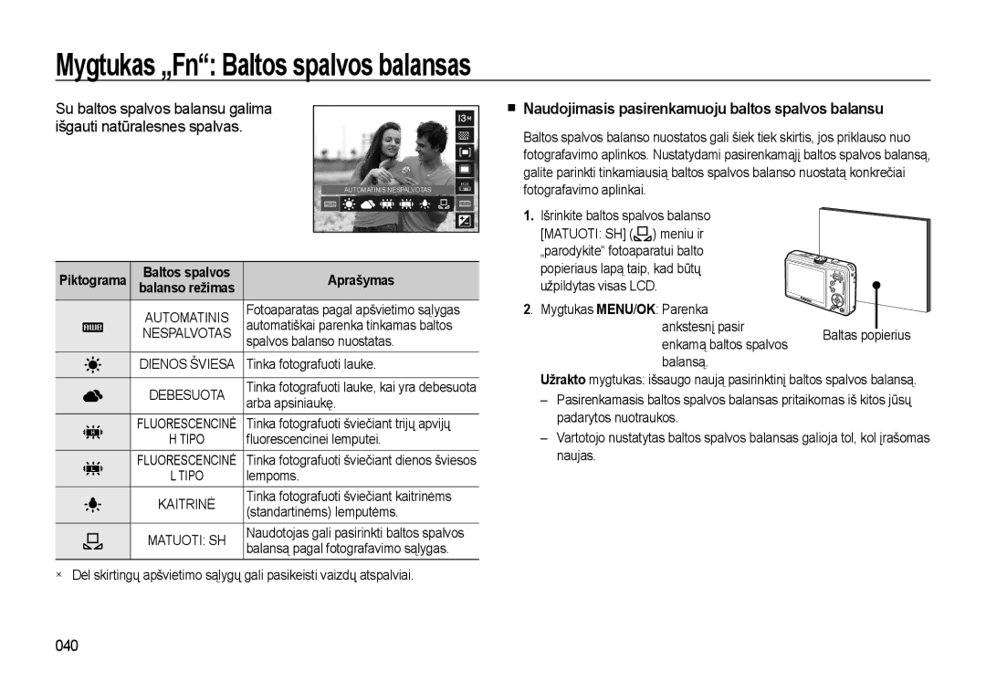 Samsung EC-L310WSBA/RU manual Mygtukas „Fn Baltos spalvos balansas, Naudojimasis pasirenkamuoju baltos spalvos balansu, 040 