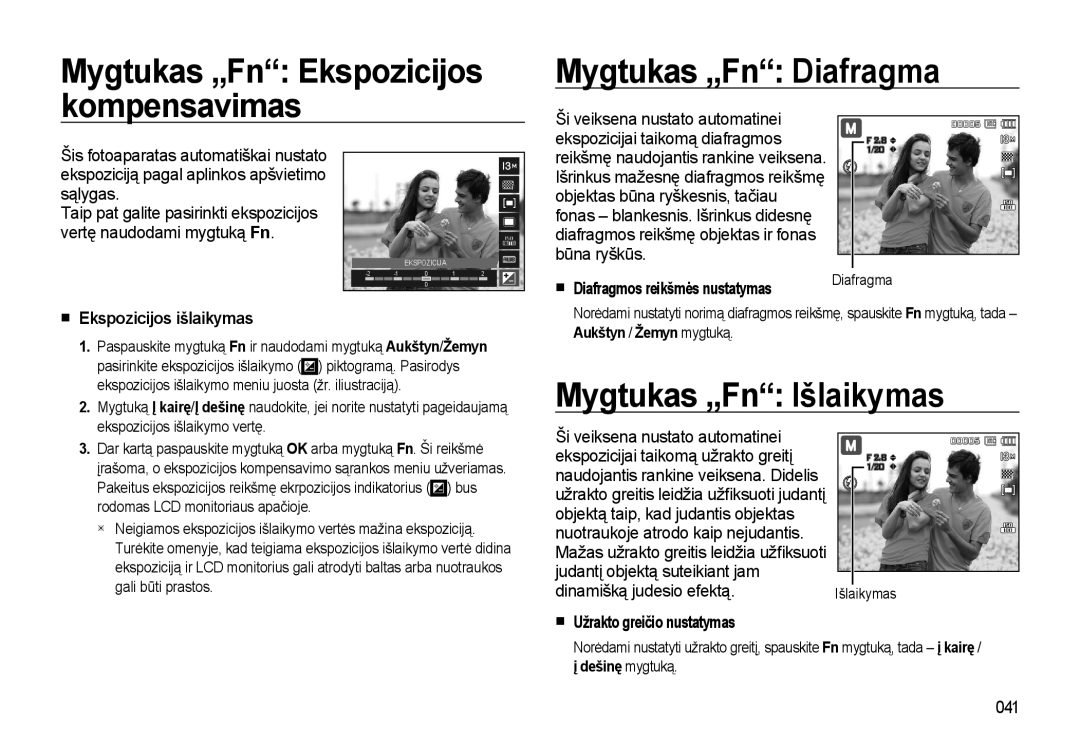 Samsung EC-L310WSBA/RU manual Mygtukas „Fn Diafragma, Mygtukas „Fn Išlaikymas, Ekspozicijos išlaikymas 