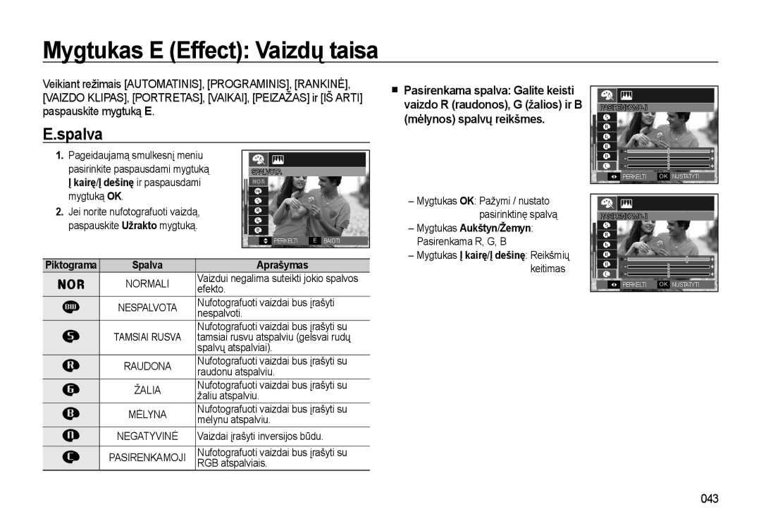 Samsung EC-L310WSBA/RU manual Mygtukas E Effect Vaizdų taisa, Spalva, 043 