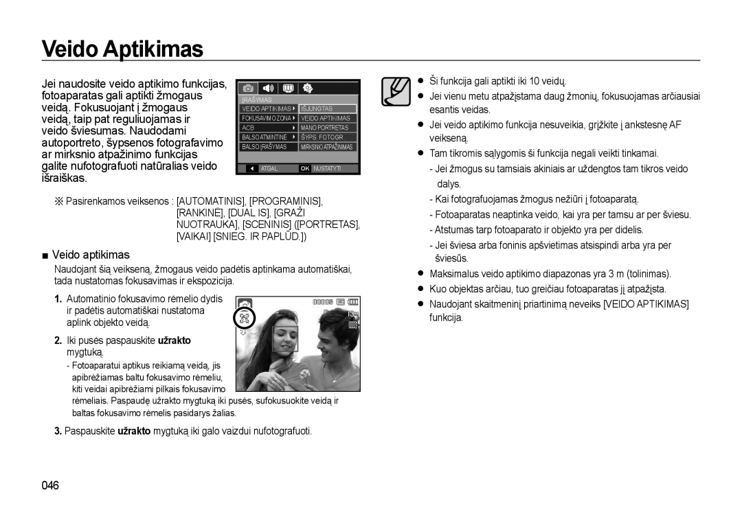 Samsung EC-L310WSBA/RU manual Veido Aptikimas, Išraiškas, Veido aptikimas, 046, Iki pusės paspauskite užrakto mygtuką 