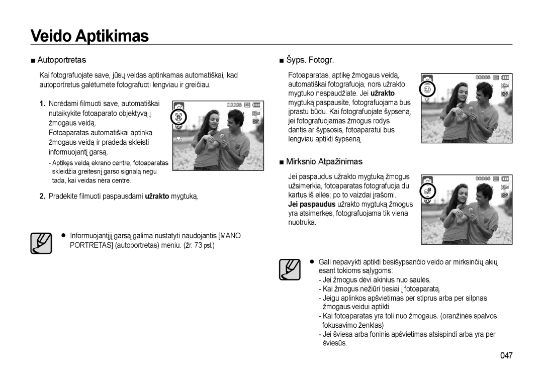 Samsung EC-L310WSBA/RU manual Autoportretas, Šyps. Fotogr, Mirksnio Atpažinimas, 047 