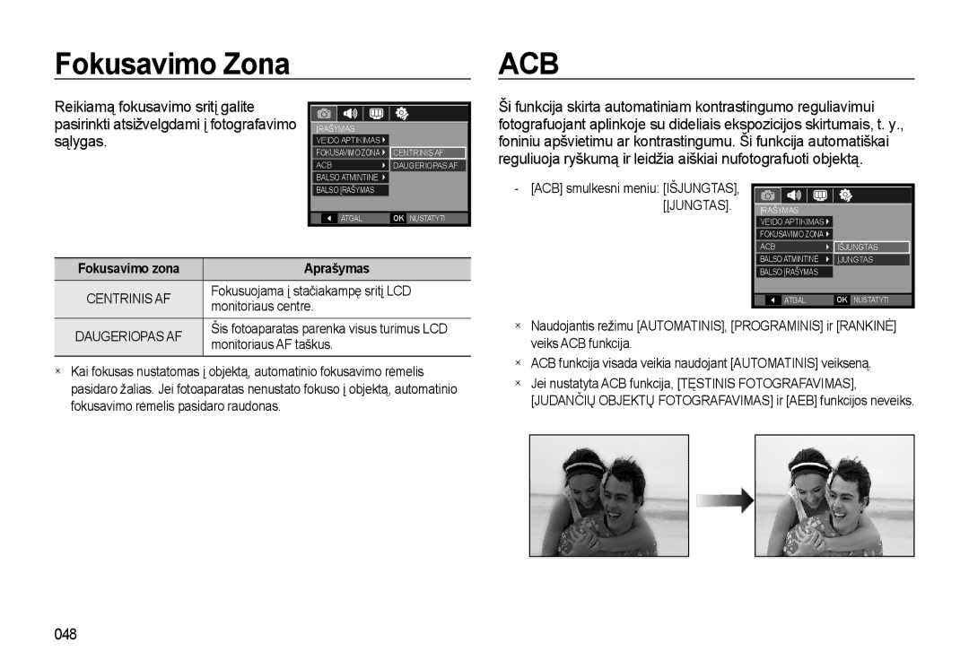 Samsung EC-L310WSBA/RU manual Fokusavimo Zona, 048, Fokusavimo zona Aprašymas 