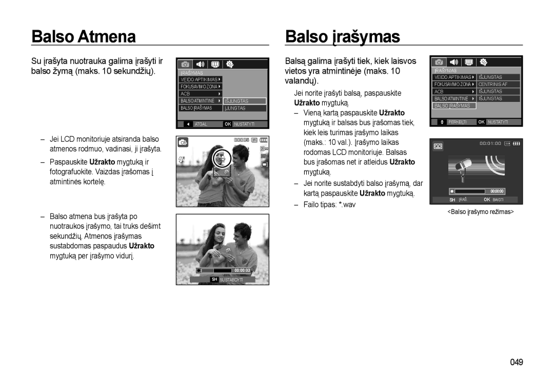 Samsung EC-L310WSBA/RU manual Balso Atmena Balso įrašymas, 049 