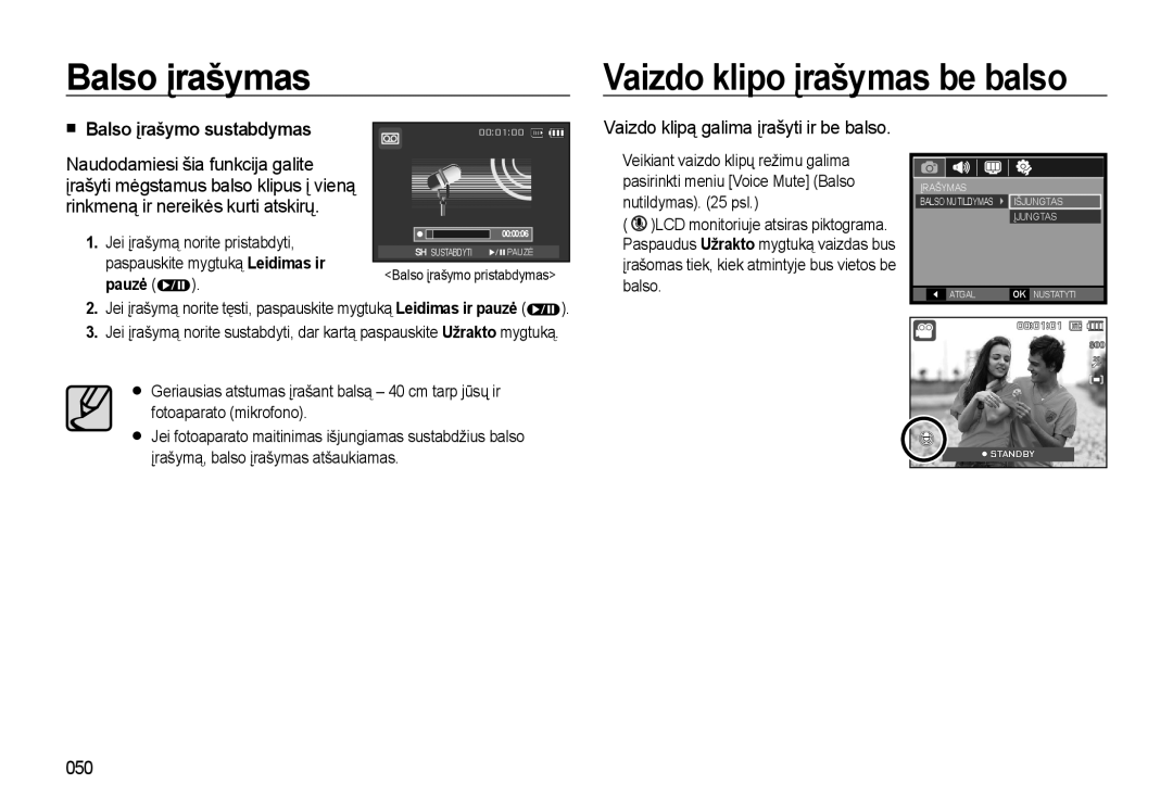 Samsung EC-L310WSBA/RU manual Balso įrašymas Vaizdo klipo įrašymas be balso, Balso įrašymo sustabdymas, 050 