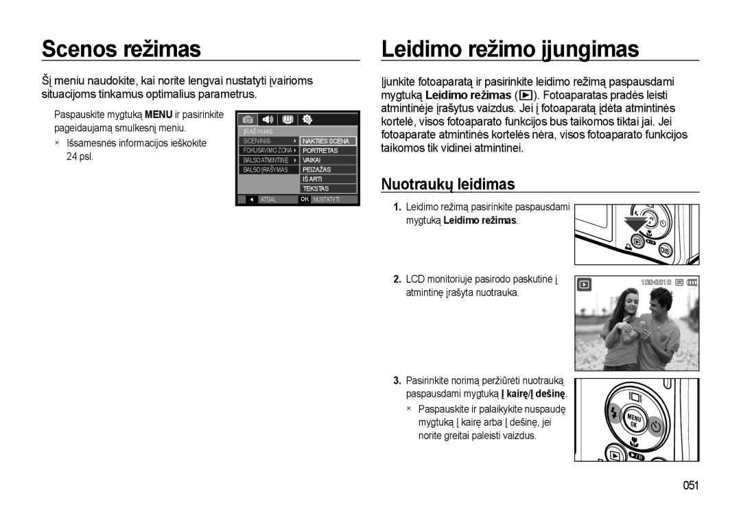 Samsung EC-L310WSBA/RU manual Scenos režimas, Leidimo režimo įjungimas, Nuotraukų leidimas, 051, Mygtuką Leidimo režimas 