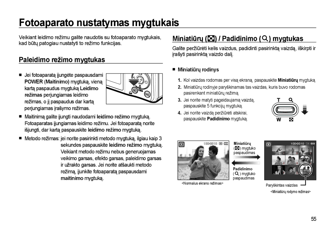 Samsung EC-L310WSBA/RU manual Fotoaparato nustatymas mygtukais, Paleidimo režimo mygtukas, Miniatiūrų / Padidinimo mygtukas 