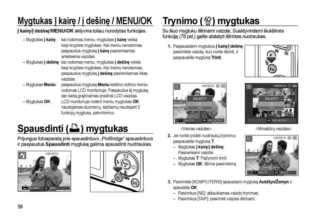 Samsung EC-L310WSBA/RU Trynimo mygtukas, Spausdinti mygtukas, Kairę/Į dešinę/MENU/OK aktyvins toliau nurodytas funkcijas 