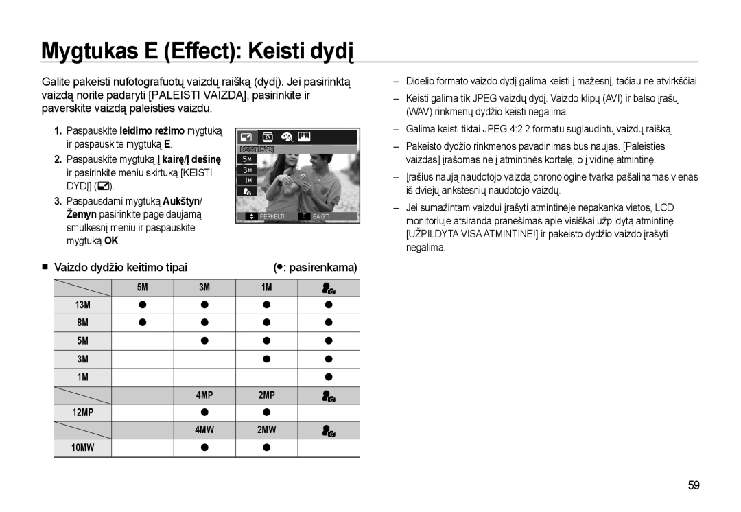 Samsung EC-L310WSBA/RU manual Mygtukas E Effect Keisti dydį, WAV rinkmenų dydžio keisti negalima, 13M 