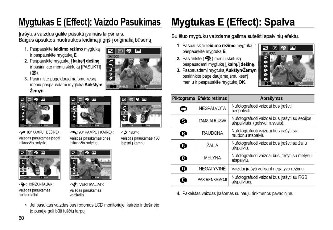 Samsung EC-L310WSBA/RU Paspauskite leidimo režimo mygtuką ir paspauskite mygtuką E, Piktograma Efekto režimas Aprašymas 