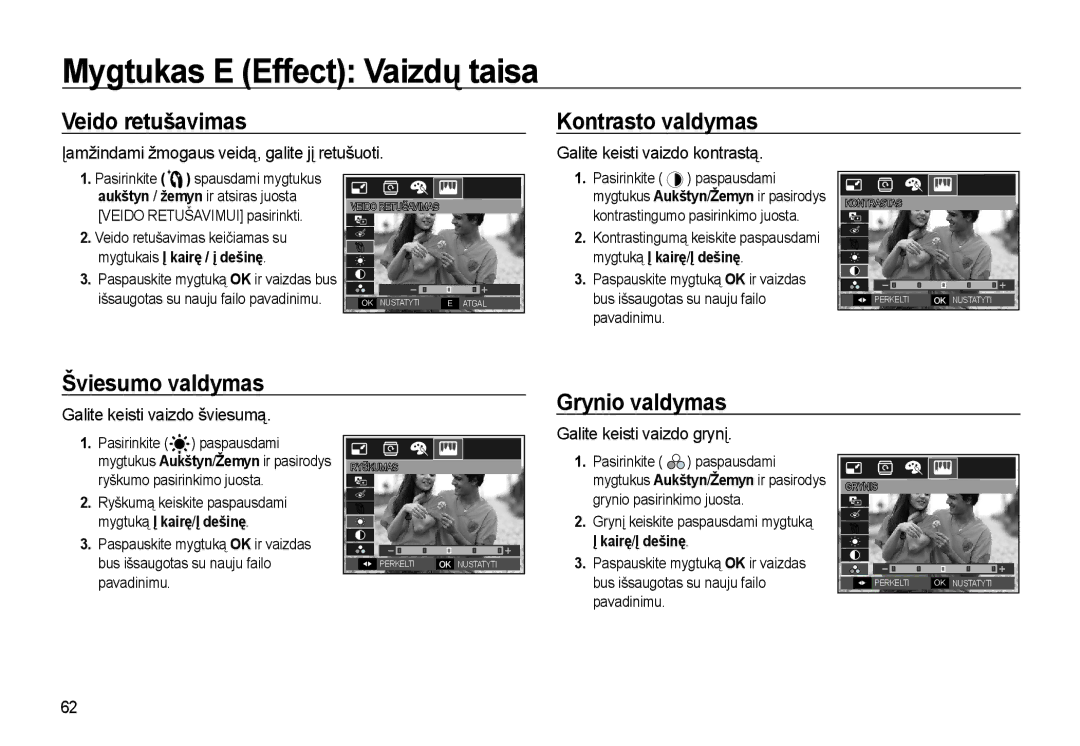 Samsung EC-L310WSBA/RU manual Veido retušavimas Kontrasto valdymas, Šviesumo valdymas, Grynio valdymas 