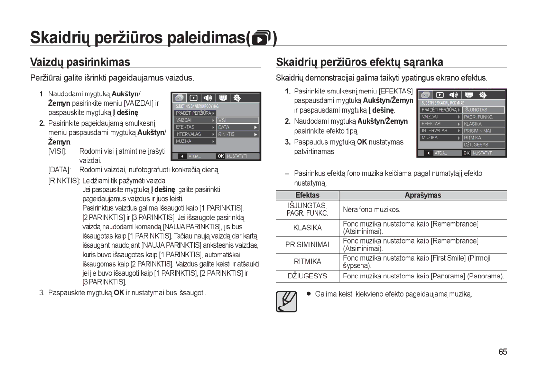 Samsung EC-L310WSBA/RU manual Skaidrių peržiūros paleidimas, Vaizdų pasirinkimas, Skaidrių peržiūros efektų sąranka 