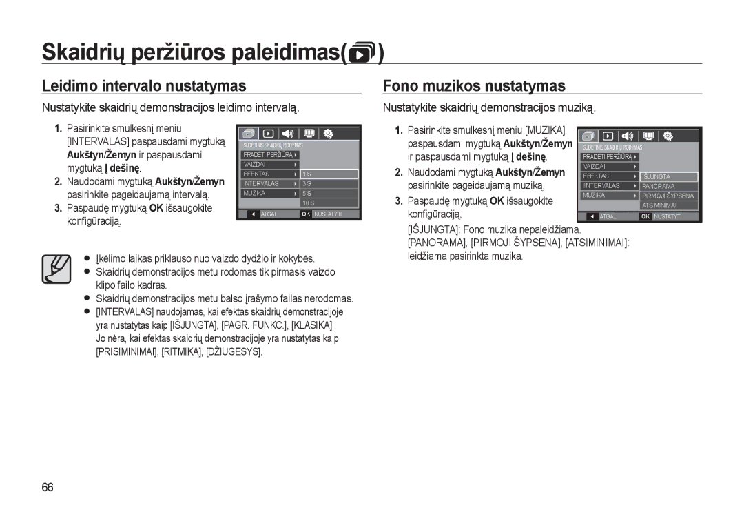 Samsung EC-L310WSBA/RU Leidimo intervalo nustatymas, Fono muzikos nustatymas, Nustatykite skaidrių demonstracijos muziką 