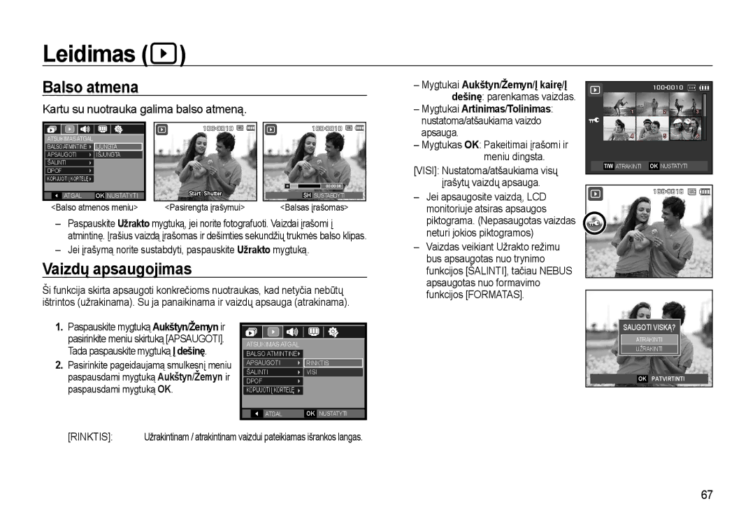 Samsung EC-L310WSBA/RU manual Leidimas, Balso atmena, Vaizdų apsaugojimas, Kartu su nuotrauka galima balso atmeną 