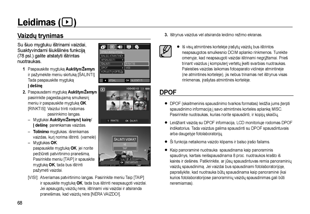 Samsung EC-L310WSBA/RU Vaizdų trynimas, Pasirinkimo langas, Mygtukai Aukštyn/Žemyn/Į kairę, Dešinę parenkamas vaizdas 