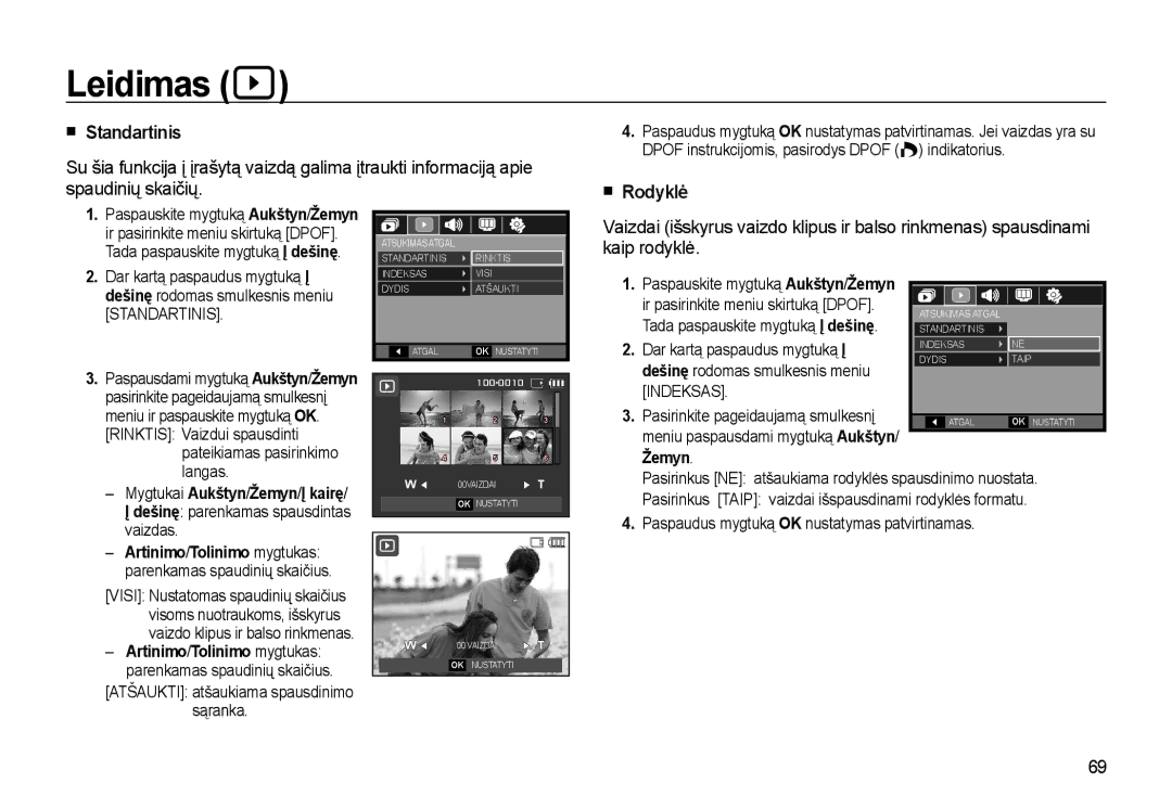 Samsung EC-L310WSBA/RU manual Standartinis, Rodyklė, Dar kartą paspaudus mygtuką Į, Dešinę rodomas smulkesnis meniu 