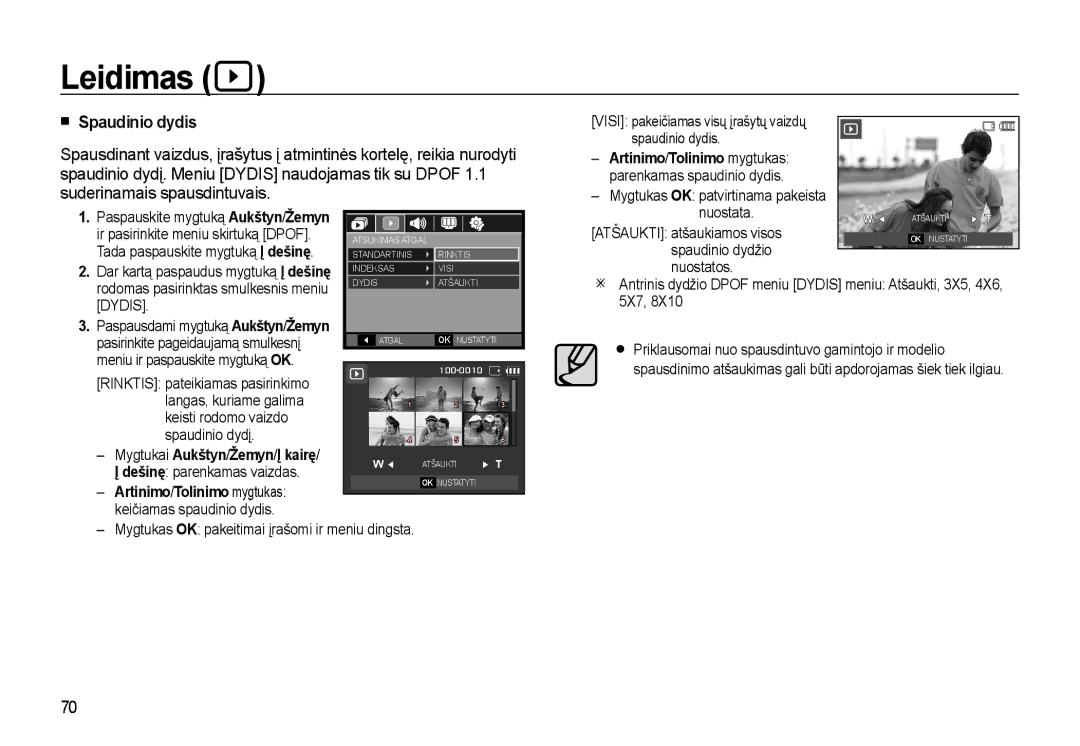 Samsung EC-L310WSBA/RU manual Spaudinio dydis, Mygtukai Aukštyn /Žemyn /Į kairę, Artinimo /Tolinimo mygtukas 