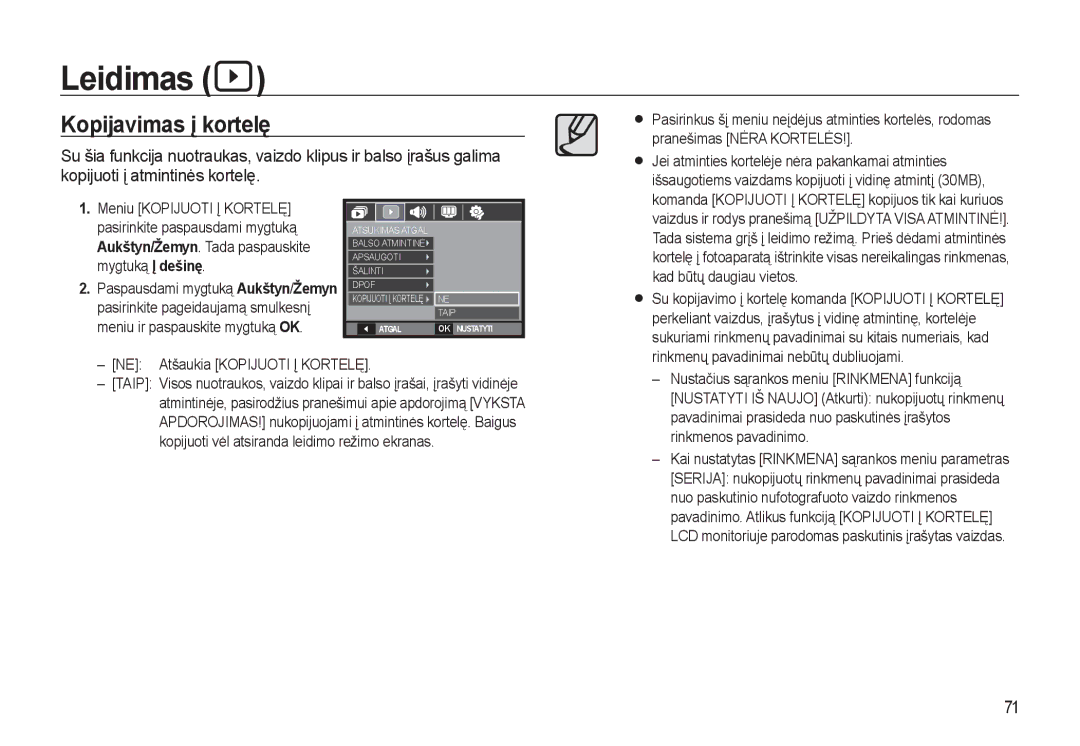 Samsung EC-L310WSBA/RU manual Kopijavimas į kortelę, NE Atšaukia Kopijuoti Į Kortelę 