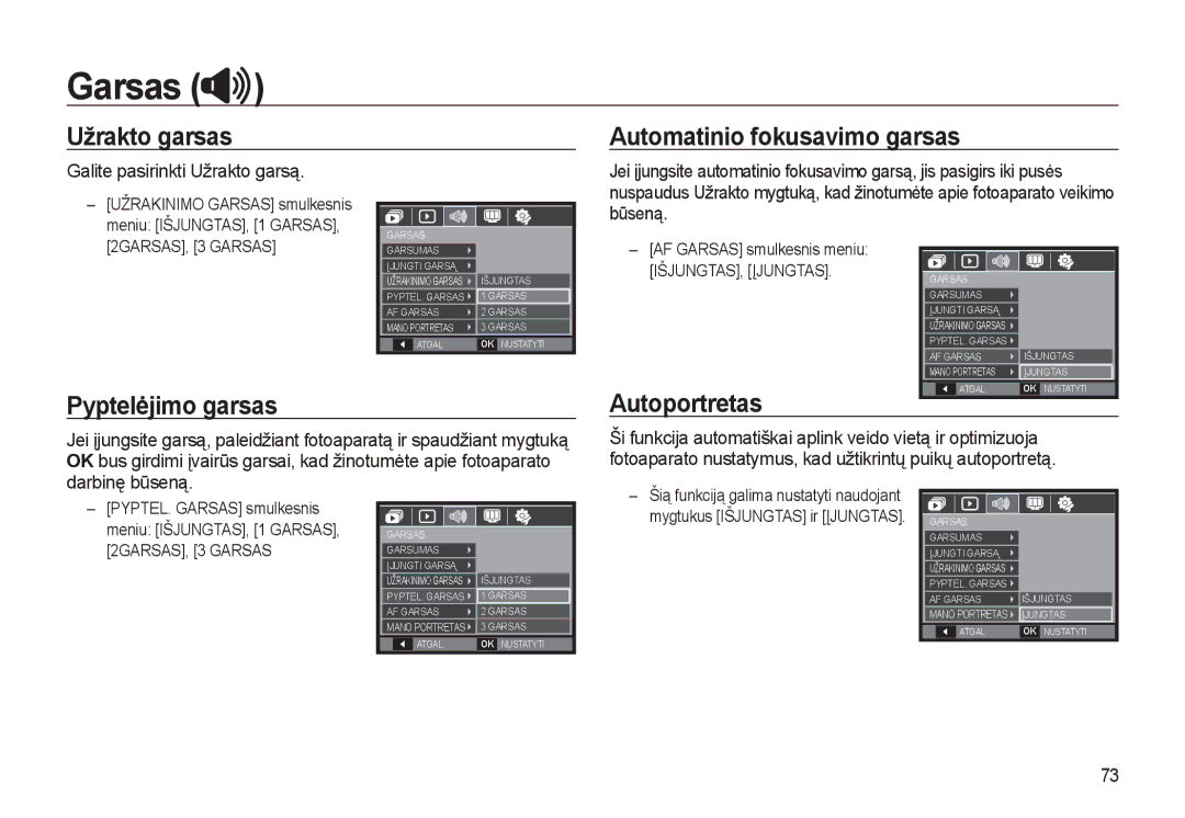 Samsung EC-L310WSBA/RU manual Automatinio fokusavimo garsas, Pyptelėjimo garsas, Galite pasirinkti Užrakto garsą 