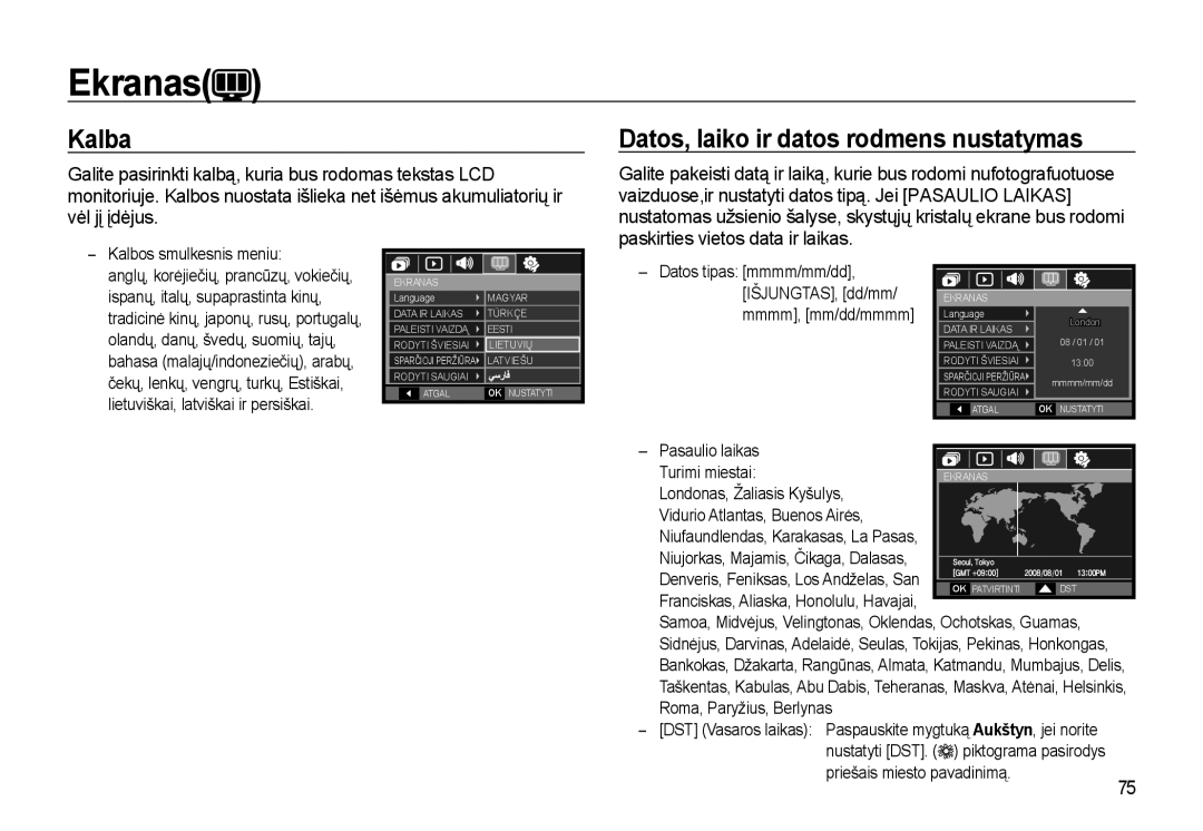 Samsung EC-L310WSBA/RU manual Ekranas, Kalba, Datos, laiko ir datos rodmens nustatymas 