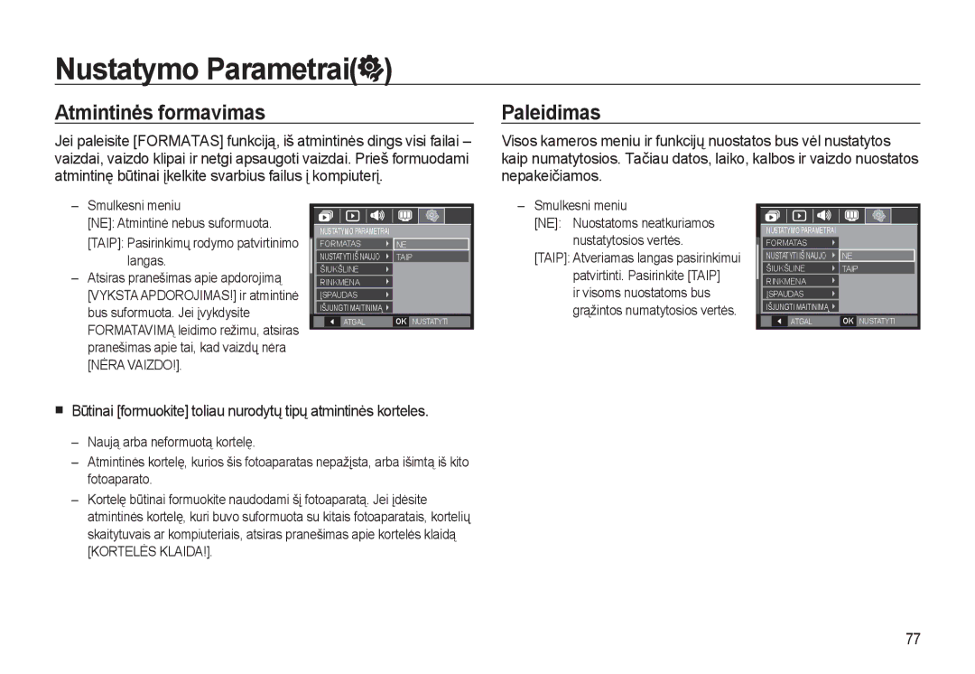 Samsung EC-L310WSBA/RU manual Nustatymo Parametrai, Atmintinės formavimas, Paleidimas, Ir visoms nuostatoms bus 