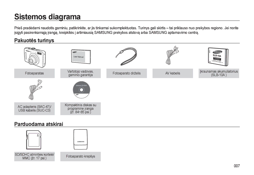 Samsung EC-L310WSBA/RU manual Sistemos diagrama, Pakuotės turinys, Parduodama atskirai, 007, Fotoaparato krepšys 