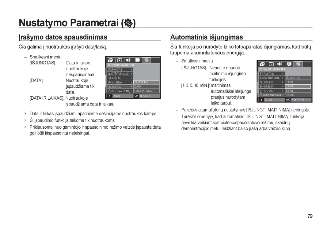 Samsung EC-L310WSBA/RU Įrašymo datos spausdinimas, Automatinis išjungimas, Čia galima į nuotraukas įrašyti datą/laiką 