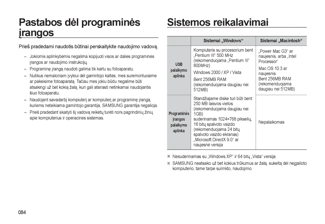 Samsung EC-L310WSBA/RU manual Pastabos dėl programinės įrangos, Sistemos reikalavimai, 084, Sistemai „Windows 