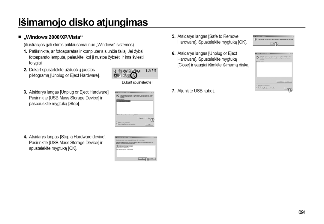 Samsung EC-L310WSBA/RU manual Išimamojo disko atjungimas, „Windows 2000/XP/Vista, 091, Atjunkite USB kabelį 