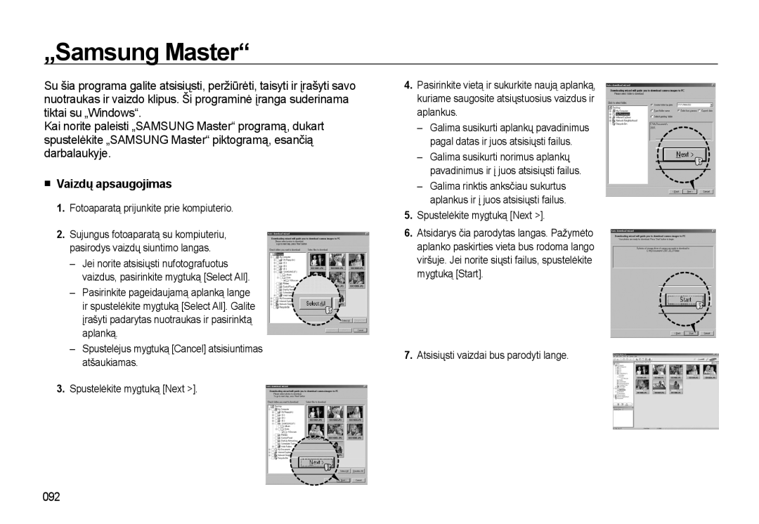 Samsung EC-L310WSBA/RU manual „Samsung Master, Vaizdų apsaugojimas, 092, Fotoaparatą prijunkite prie kompiuterio 