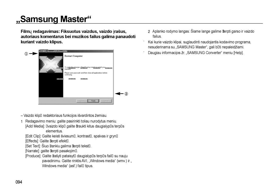 Samsung EC-L310WSBA/RU manual 094, Vaizdo klipų redaktoriaus funkcijos išvardintos žemiau 