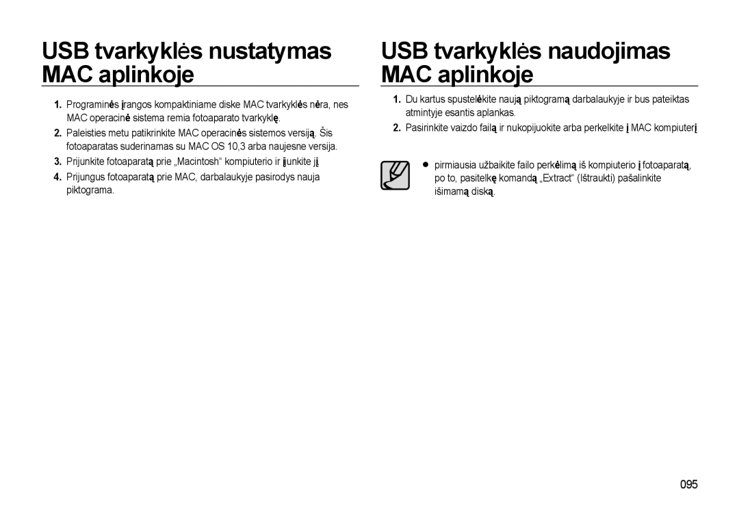 Samsung EC-L310WSBA/RU manual USB tvarkyklės nustatymas MAC aplinkoje, USB tvarkyklės naudojimas MAC aplinkoje, 095 