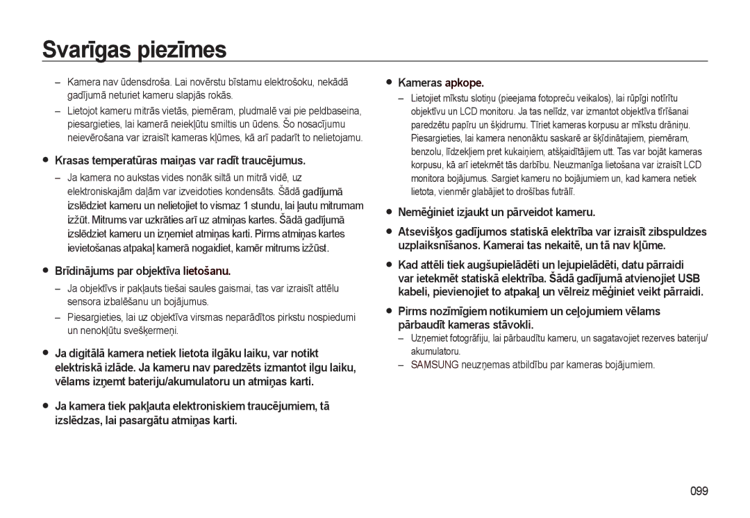 Samsung EC-L310WSBA/RU manual Krasas temperatūras maiņas var radīt traucējumus, Brīdinājums par objektīva lietošanu, 099 