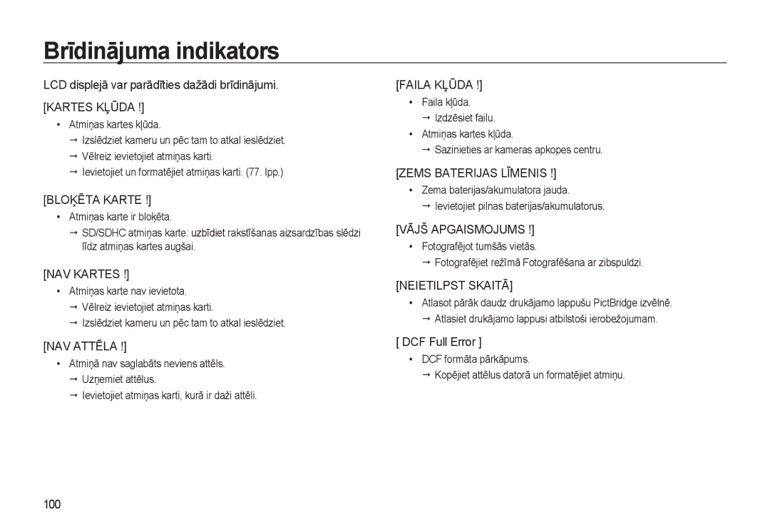 Samsung EC-L310WSBA/RU manual Brīdinājuma indikators, LCD displejā var parādīties dažādi brīdinājumi, DCF Full Error, 100 