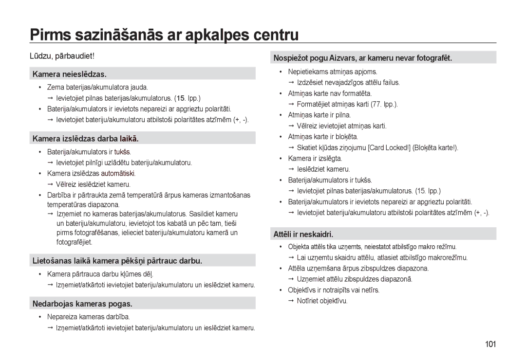 Samsung EC-L310WSBA/RU manual Pirms sazināšanās ar apkalpes centru 