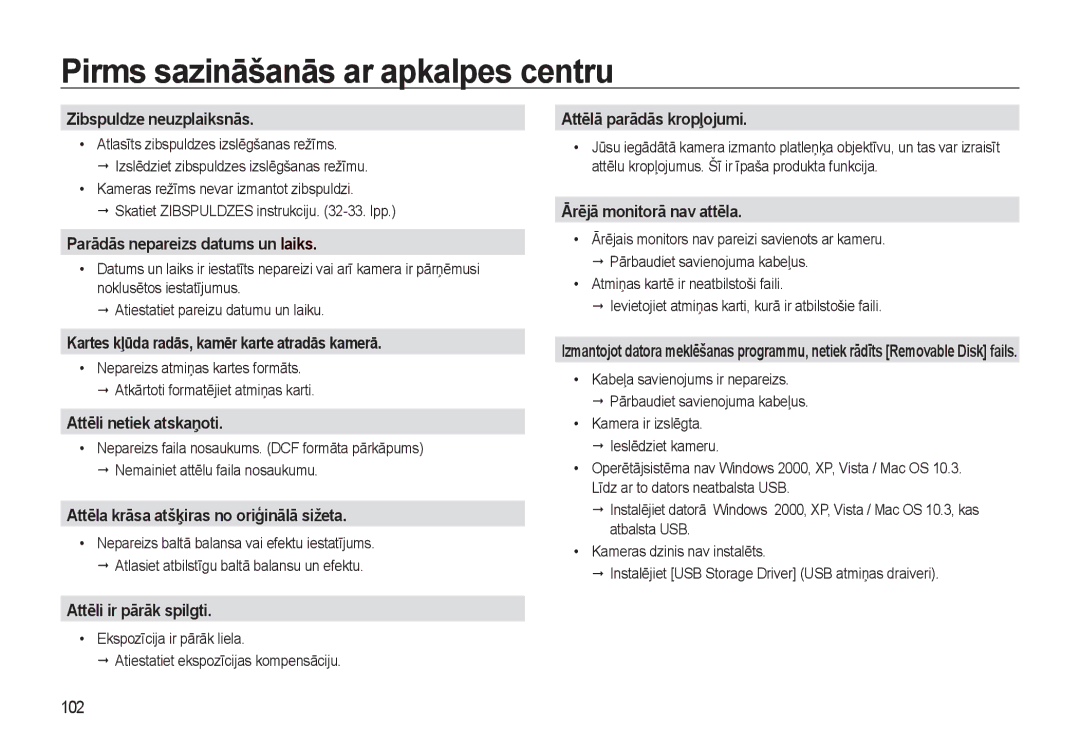 Samsung EC-L310WSBA/RU manual Zibspuldze neuzplaiksnās, Parādās nepareizs datums un laiks, Attēli netiek atskaņoti 